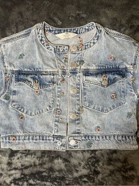 H&M Light Blue Denim Jacket with Pink Floral Embroidery